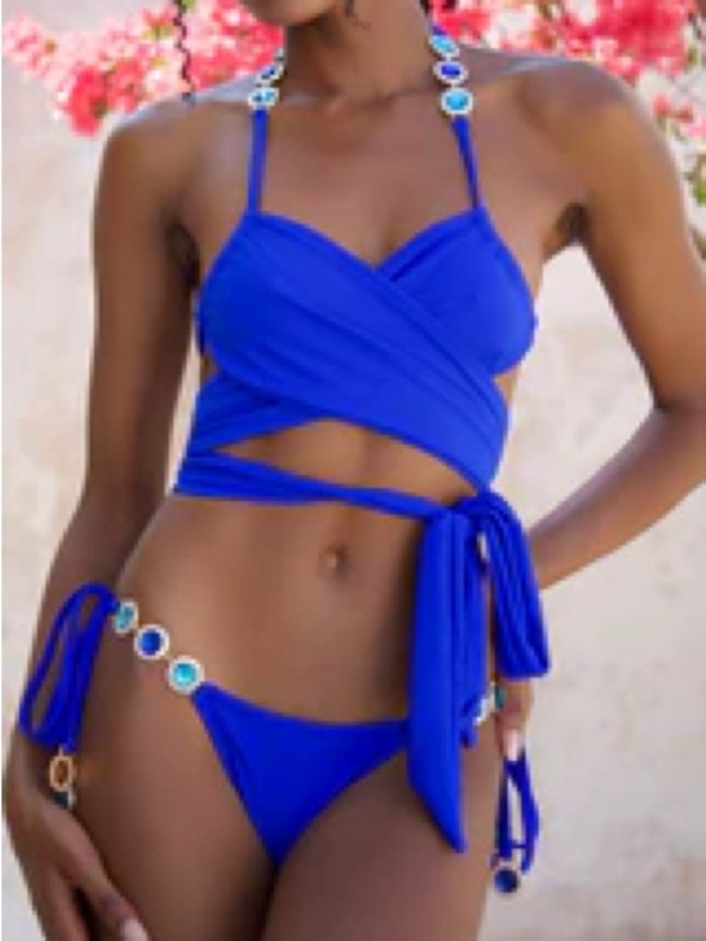 Moda Minx NWT Azure Blue Ria Wrap Bikini Set with Tie Side Bottoms and Gems